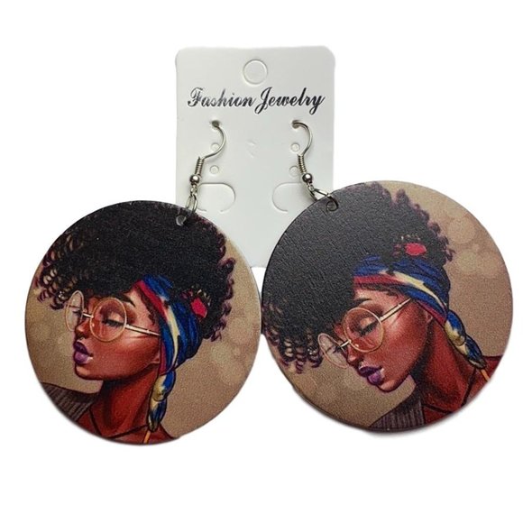 Wooden hand painted drop earrings - Picture 2 of 6